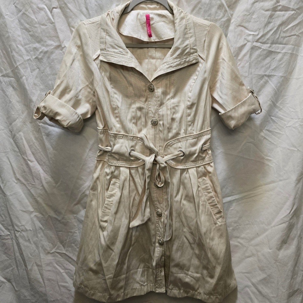 Picky Girl Corset Shirt Dress Belted‎ Collared Short Sleeve Beige Women's Large